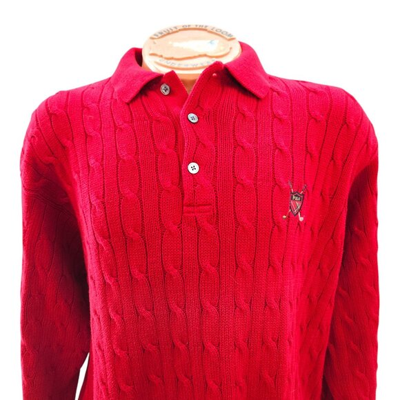 Ralph Lauren Polo Mens Cable Knit Sweater Red Cotton Button Up Long Sleeve Med. - Picture 7 of 12